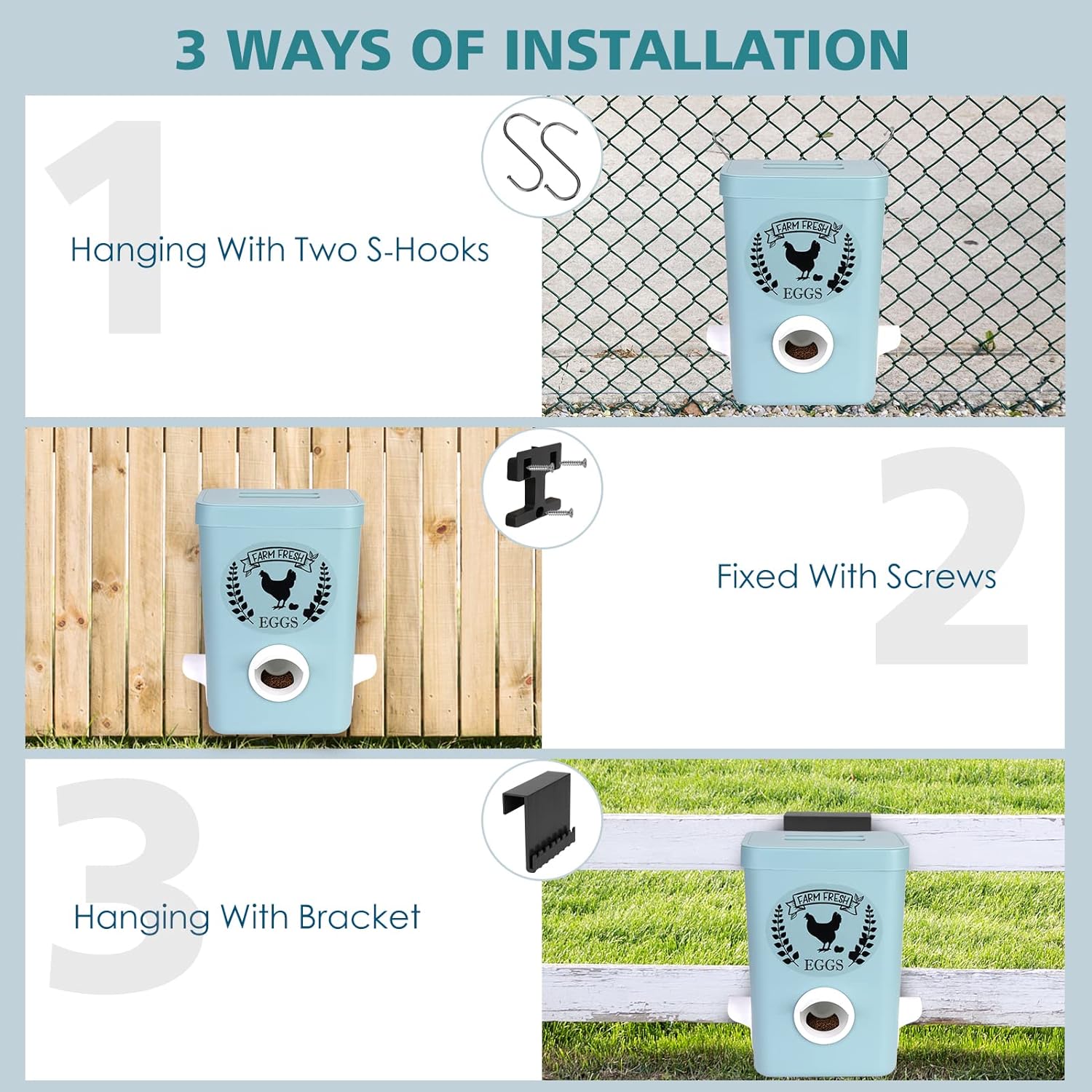 Chicken Feeder and Chicken Waterer Set (3 Gallon/26 Pounds) - Hanging Automatic Chicken Feeder No Waste - Chicken Coop Accessories - Poultry Waterer With