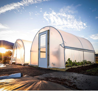 Bootstrap Farmer 10' × 12' Hobby Greenhouse shown with base zipper entrance and optional End Wall Door Frame Kit, customer-supplied door, and roll-up sides