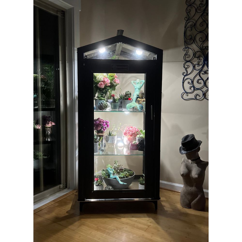 Bronze Janco Garden Curio illuminated indoors with plants displayed on adjustable glass shelves