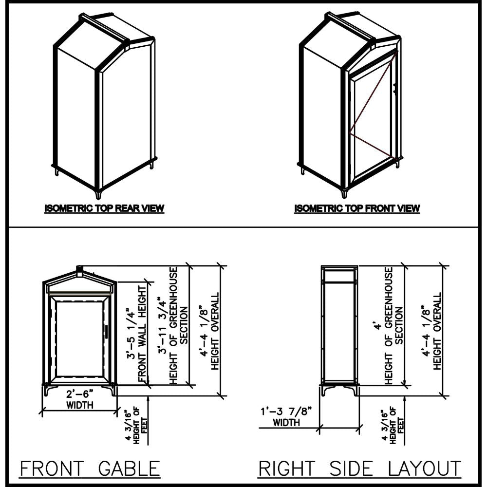 Janco Garden Curio dimension drawing showing front and side measurements, overall height, width, and door swing