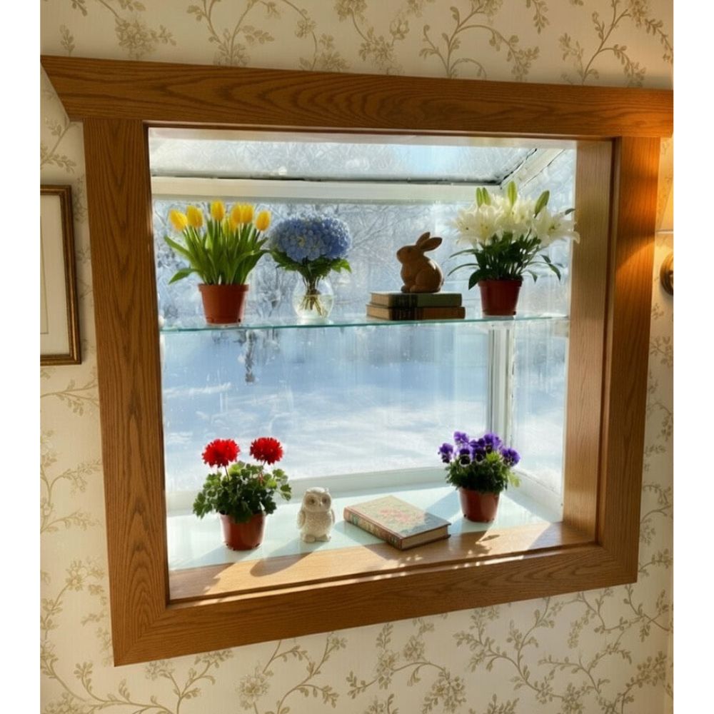 White Janco Garden Window with glass shelf displaying flowers and décor
