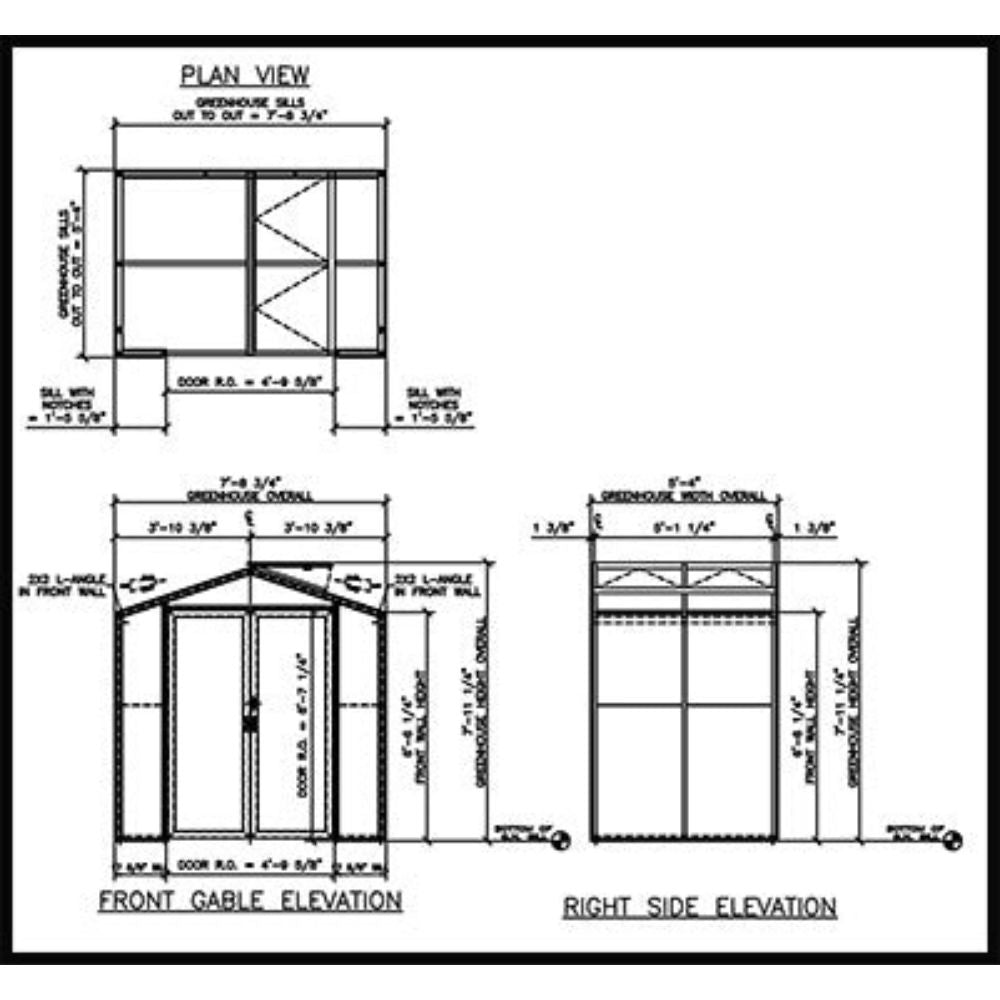 Janco Sago 5' x 8' greenhouse dimensional drawing with plan, front and side elevation views