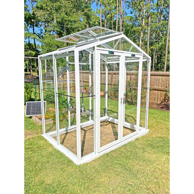 Janco Sago 5' x 8' glass greenhouse with white aluminum frame, double doors and open ridge vent