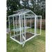 Janco Sago 5' x 8' glass greenhouse with white frame, double doors open and optional interior bench