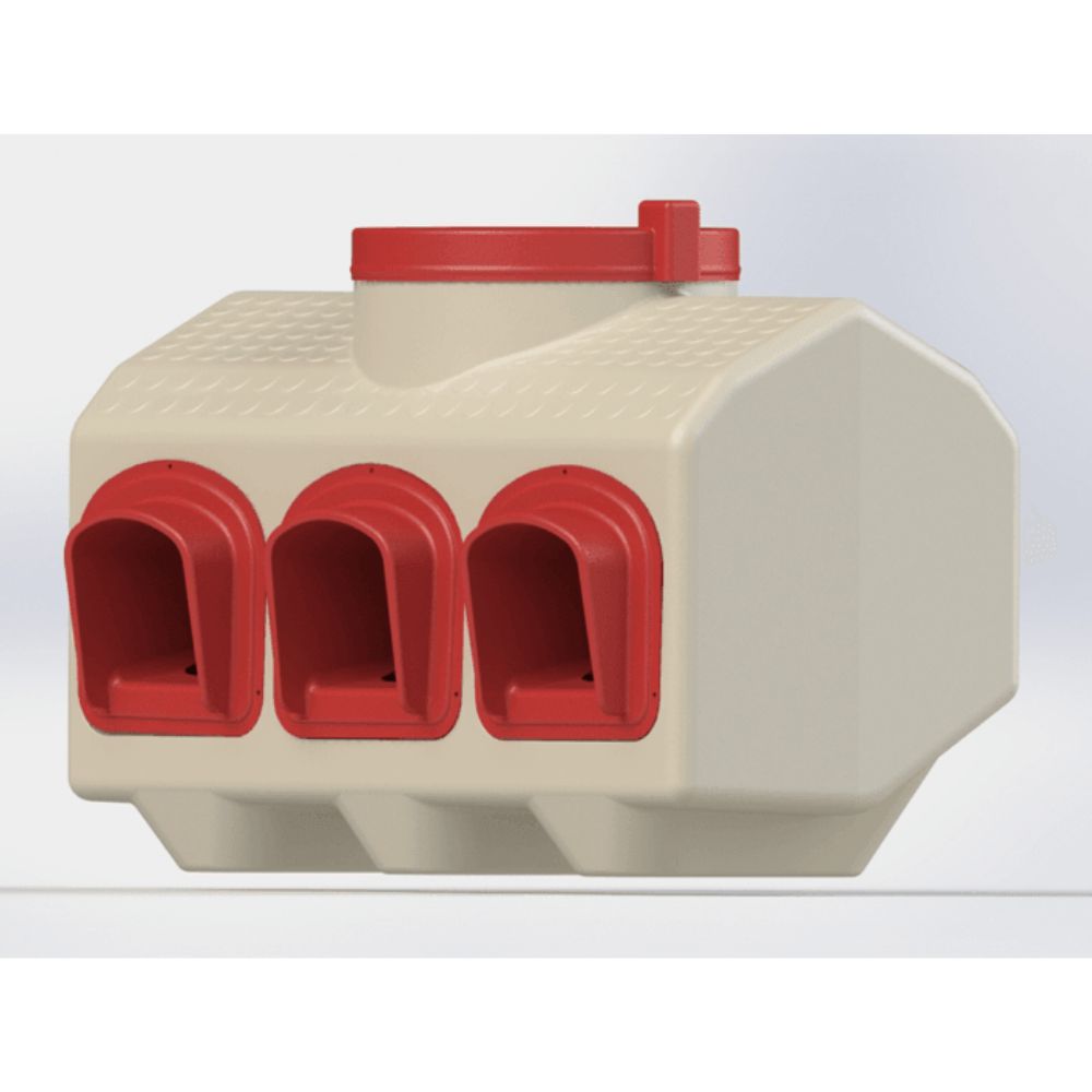 Chicken feeder with three openings for chickens to reach the food.