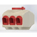 Chicken feeder with three openings for chickens to reach the food.