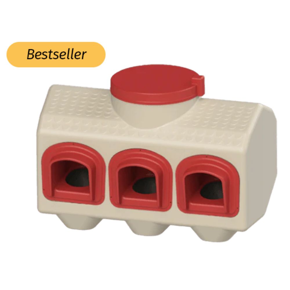 A plastic three-bird chicken feeder with a cream-colored body, red feeder holes, shown on a white background with a yellow 'Bestseller' badge.