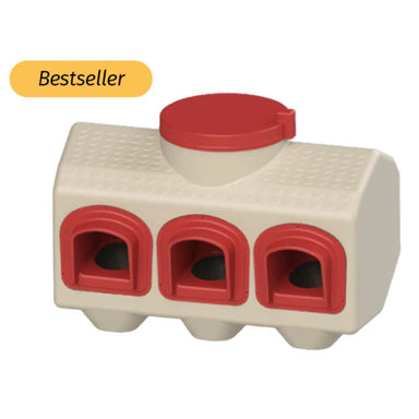 A plastic three-bird chicken feeder with a cream-colored body, red feeder holes, shown on a white background with a yellow 'Bestseller' badge.