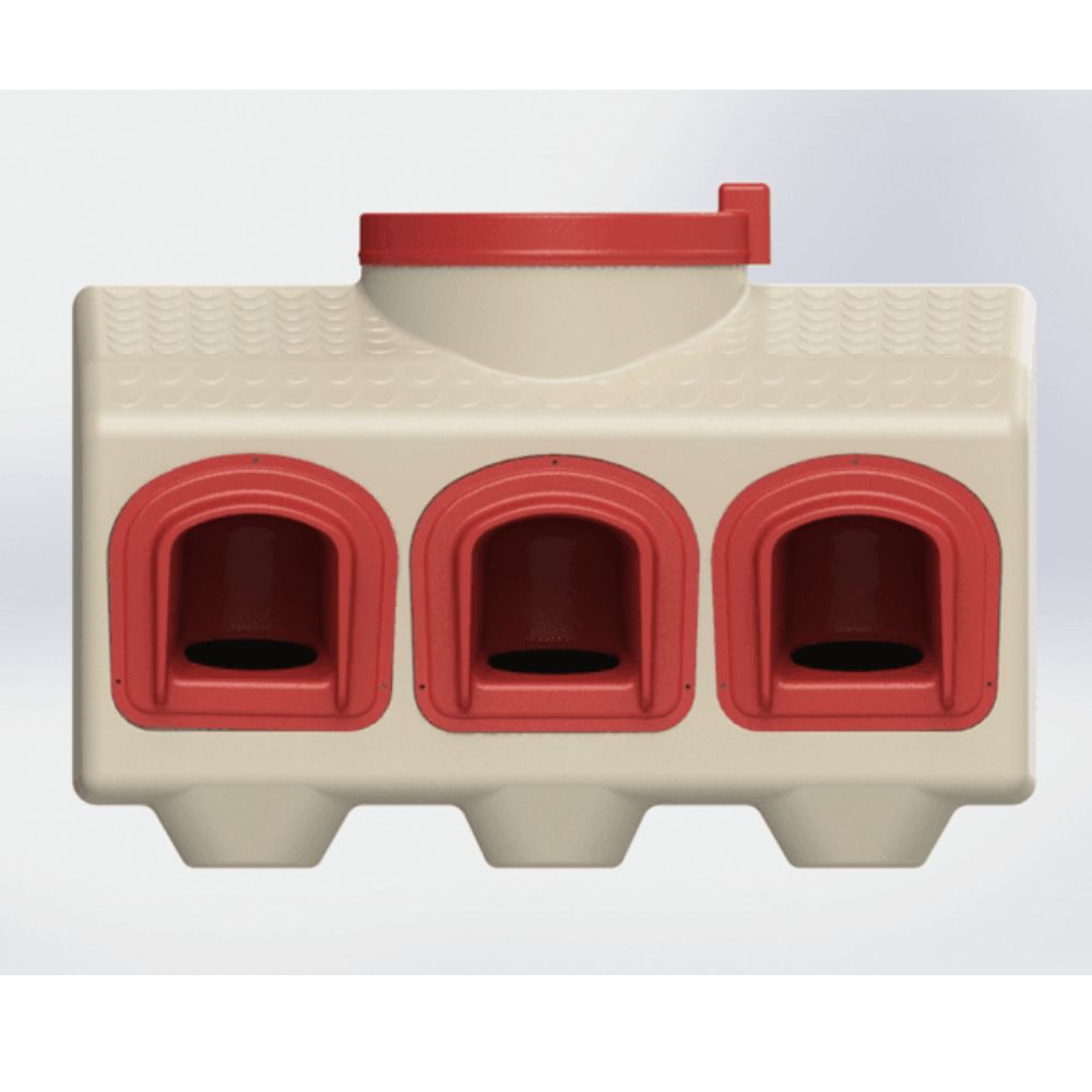 Beige chicken feeder with three holes for access and a screw on top.