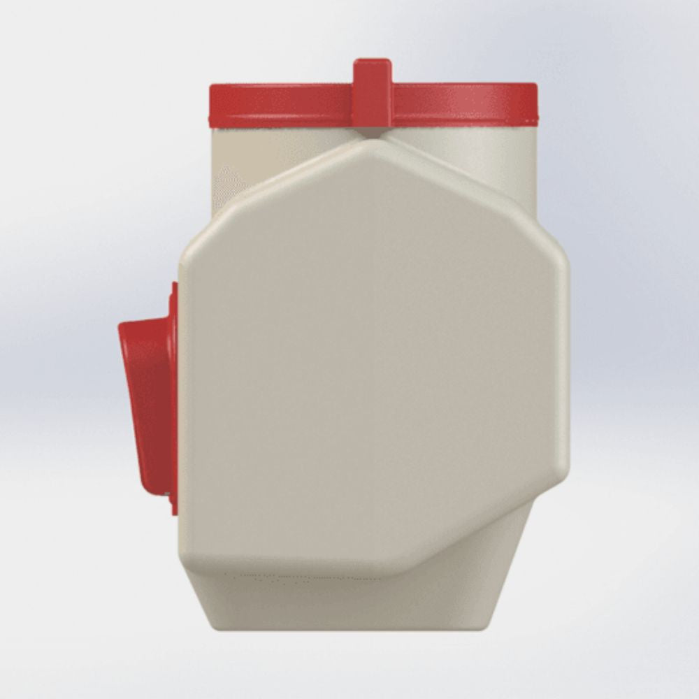 Side view of a beige chicken feeder with a screw on red top.