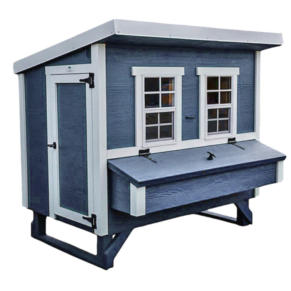 A blue and white chicken coop featuring a single door, two multi-paned windows, and a front-mounted nesting box.