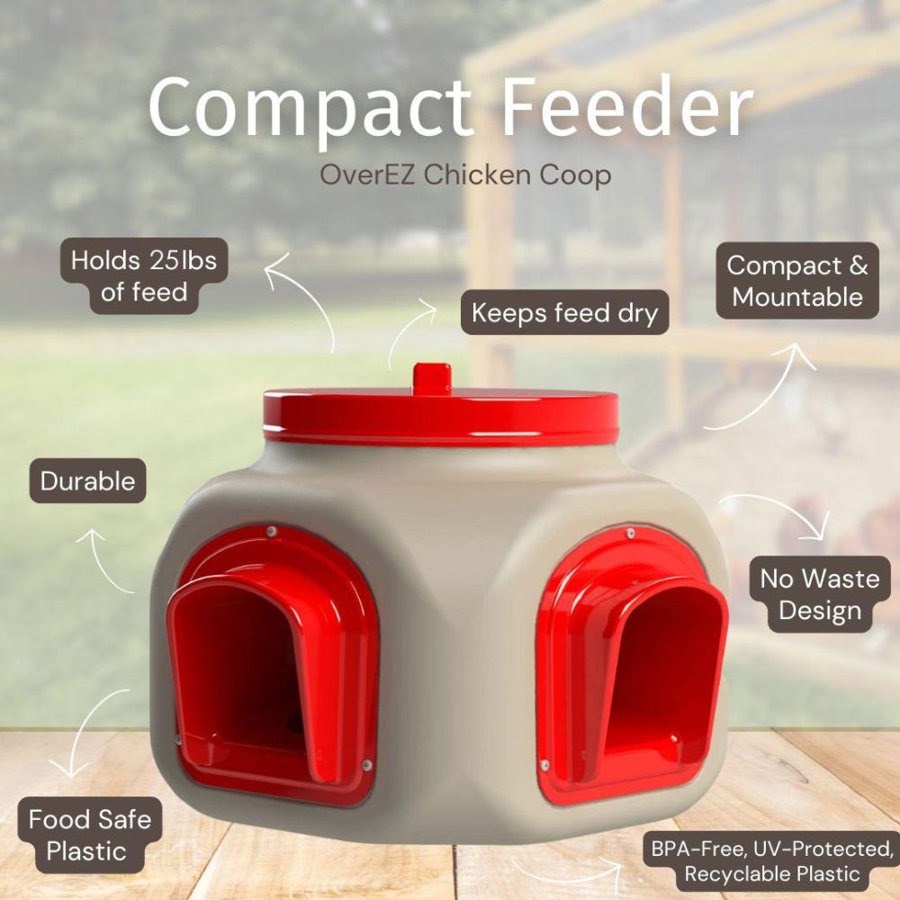 Compact chicken feeder with red openings and text highlighting features, set against a natural background.
