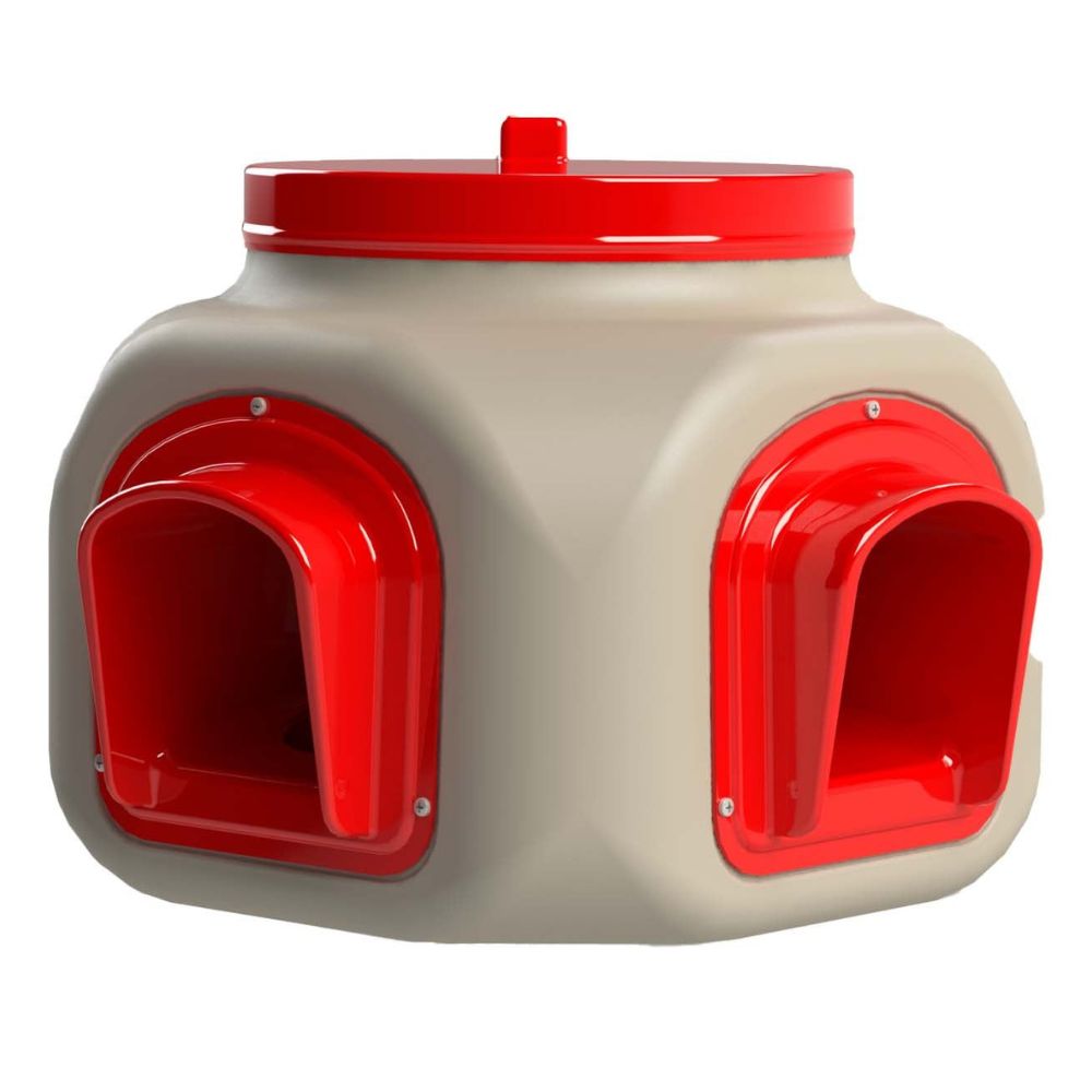 Small beige and red chicken feeder showing two out of the three openings.