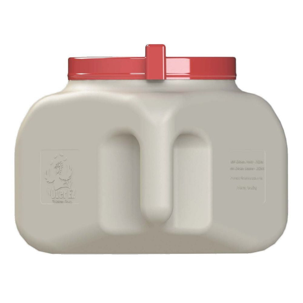 Back view of the chicken waterer with a beige body and a red lid, shown against a plain white background.