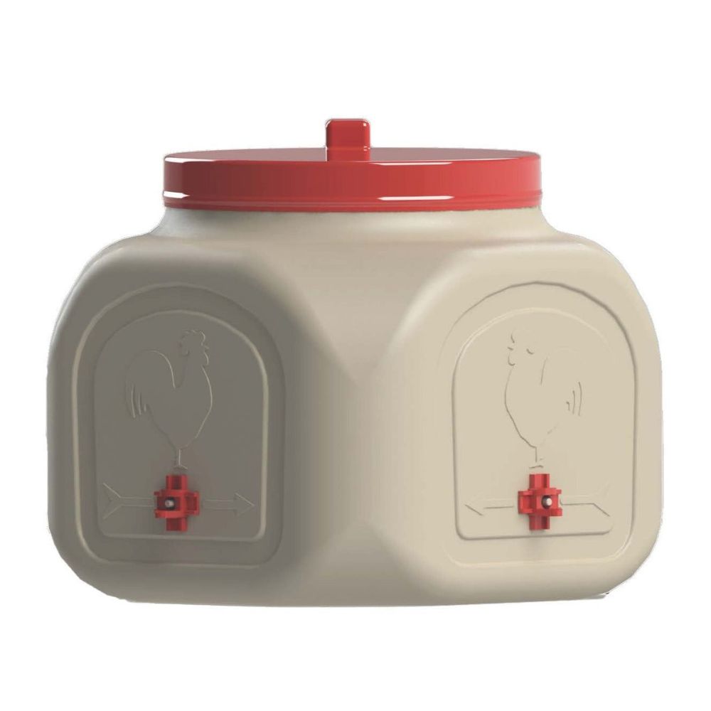Beige chicken waterer with red lid and chicken illustrations on a white background
