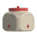 Beige chicken waterer with red lid and chicken illustrations on a white background