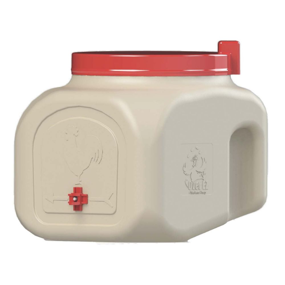 A plastic poultry waterer container in beige with a red lid and red spout, featuring handle for mounting.