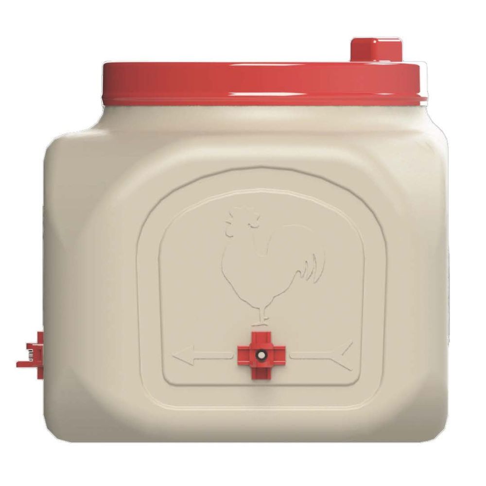 A plastic poultry waterer container with a cream-colored body and a red lid, featuring an embossed rooster design and a red spout on the front.