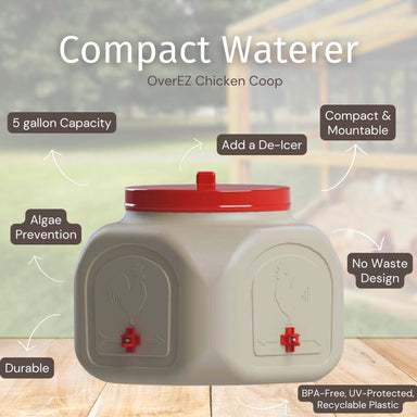 Compact waterer for chicken coops with features highlighted