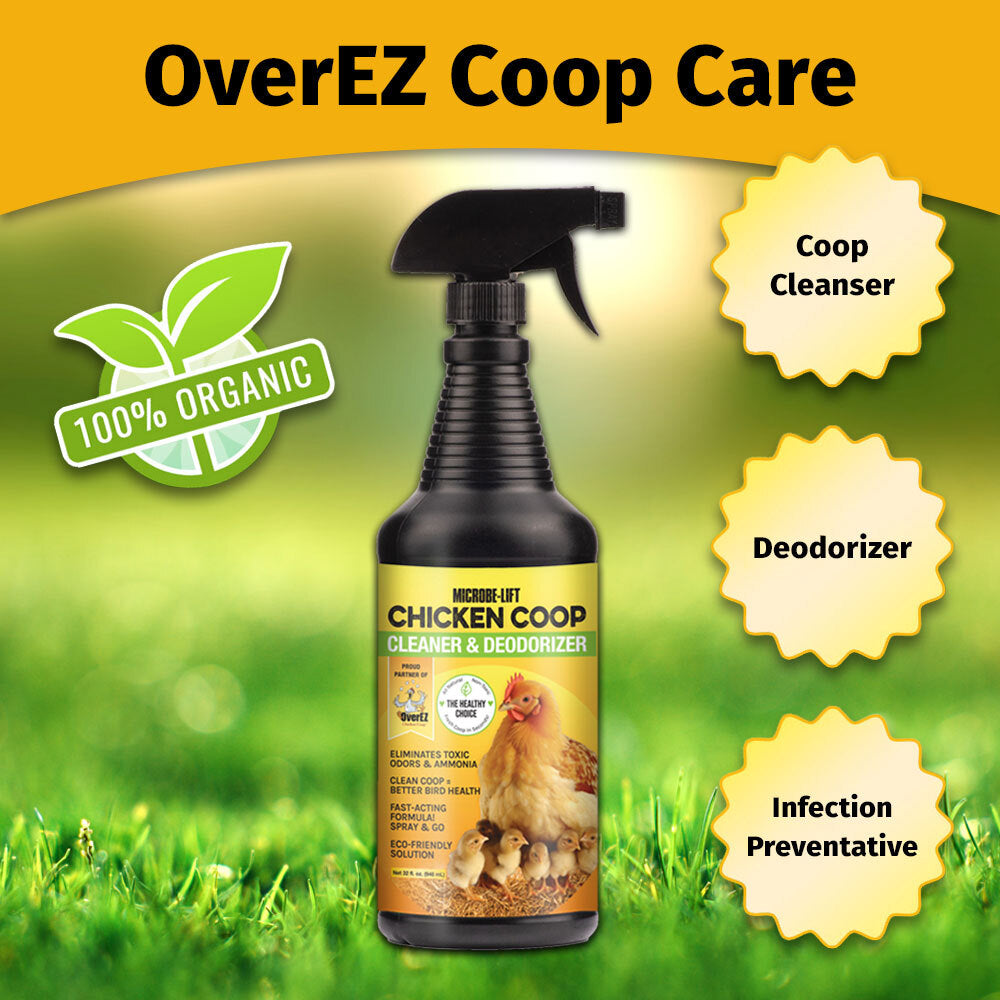 Chicken coop cleaner spray bottle with 'OverEZ Coop Care' branding on a green background
