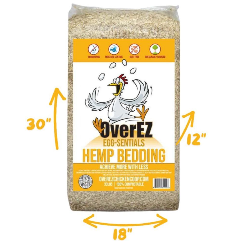 Bag of OverEZ Hemp Bedding with dimensions indicated on a white background