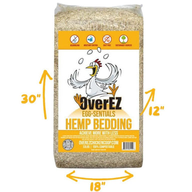 Bag of OverEZ Hemp Bedding with dimensions indicated on a white background