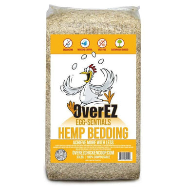 A bag of OverEZ Egg-Sentials Hemp Bedding, featuring a white and orange label with a cartoon chicken logo, set against a plain white background.