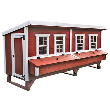 Red and white wooden chicken coop with four windows and a nesting box.