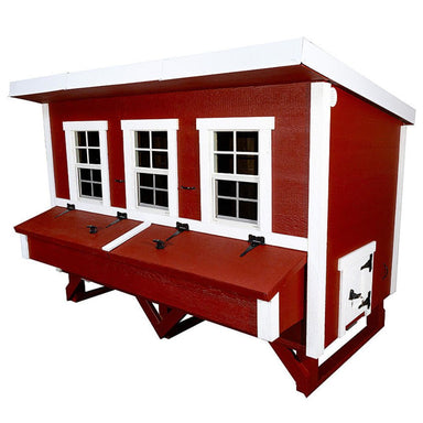 A red and white barn-style chicken coop with three windows, a front-mounted nesting box, and a chicken door, shown on a plain white background.