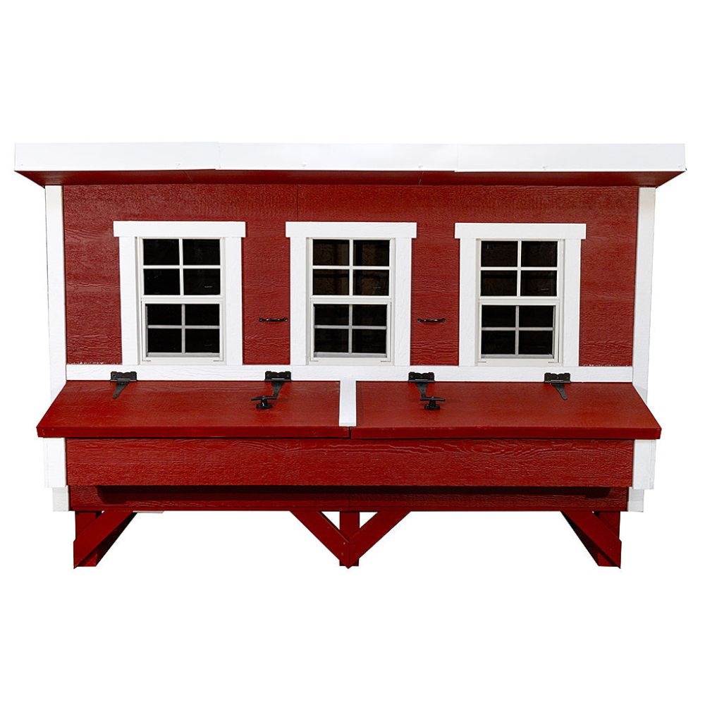 Red and white chicken coop with three windows and a nesting box, shown on a white background.