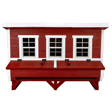 Red and white chicken coop with three windows and a nesting box, shown on a white background.