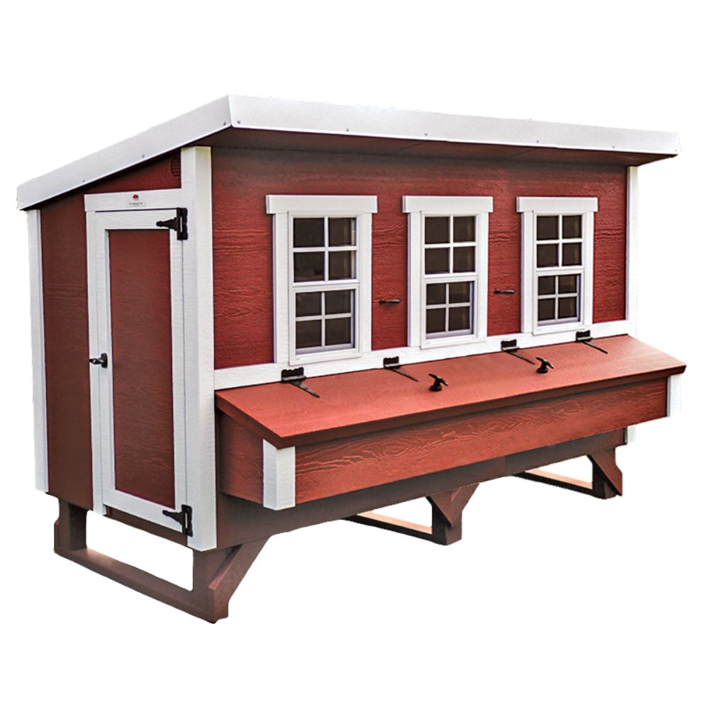 Red and white wooden chicken coop with three windows and a large access door.