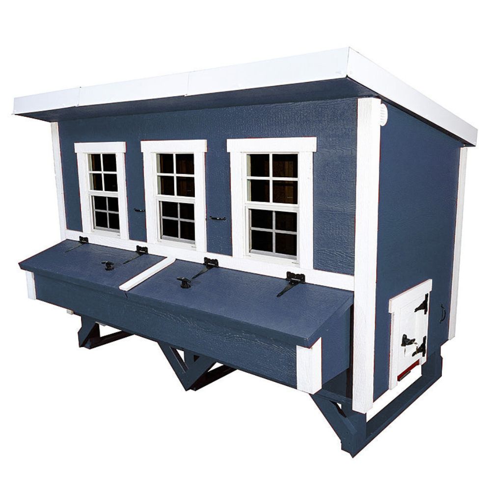 A blue and white wooden chicken coop with three front windows, a raised nesting box, and a small chicken door, shown on a plain white background.