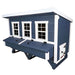 A blue and white wooden chicken coop with three front windows, a raised nesting box, and a small chicken door, shown on a plain white background.