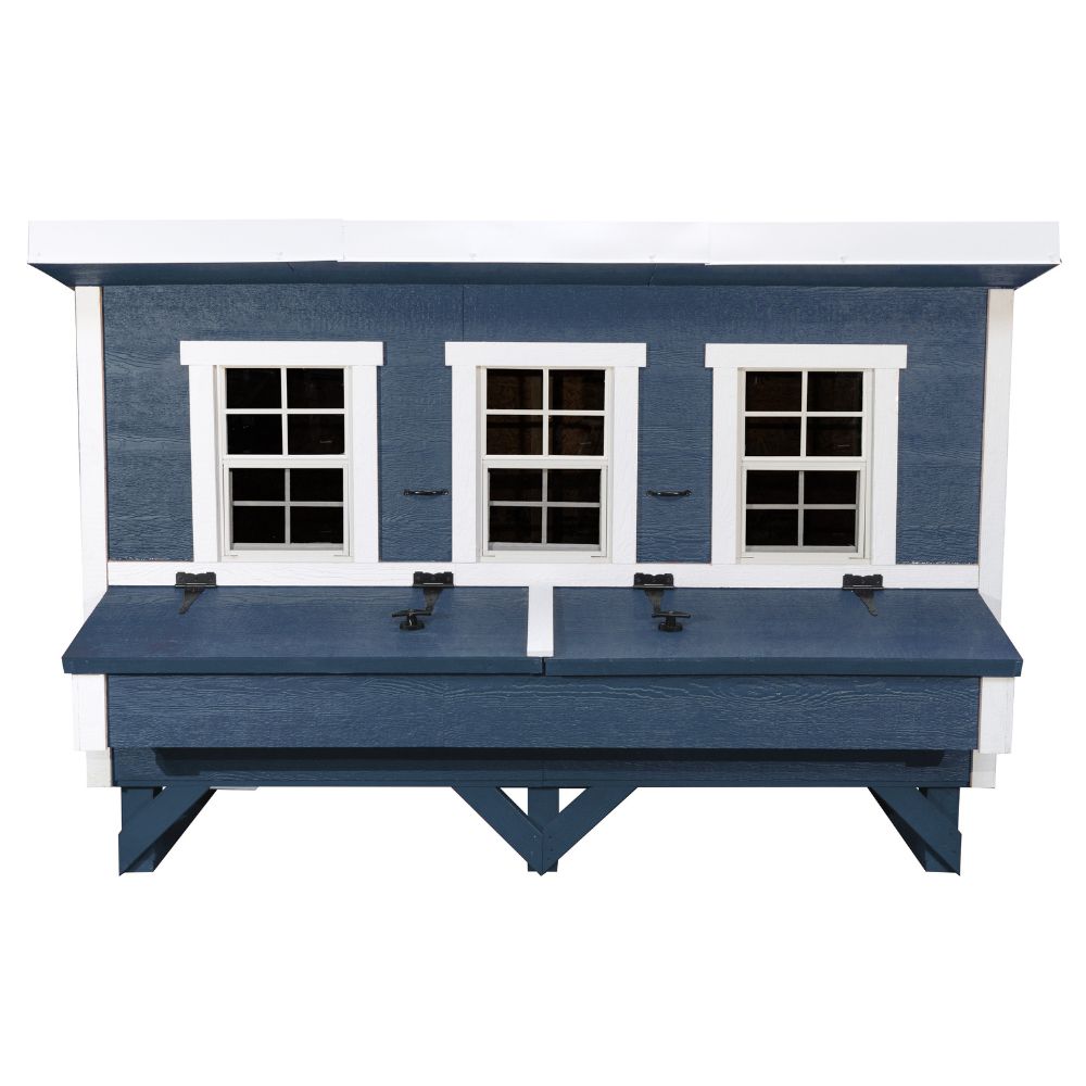A blue and white wooden chicken coop with three front windows and a nesting box, shown on a plain white background.