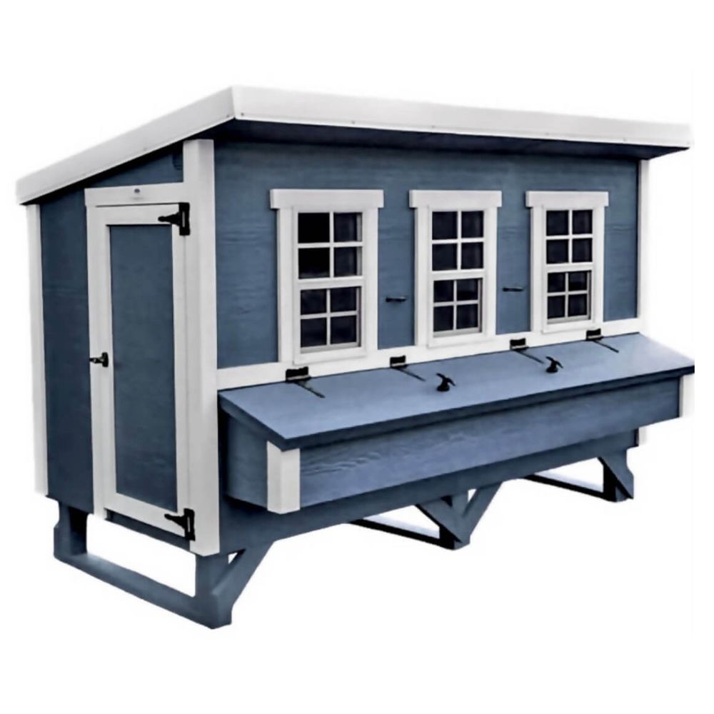 Blue and white chicken coop with three windows, a nesting box, and a large access door.