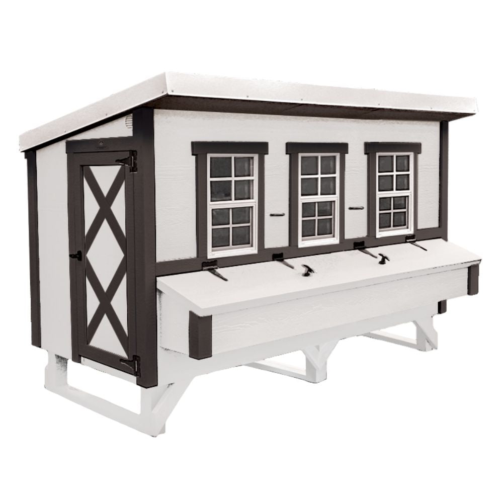White with black trim wooden chicken coop with three windows, nesting box, and large access door.