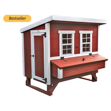 A red and white chicken coop with a front-mounted nesting box, with a yellow 'Bestseller' badge.