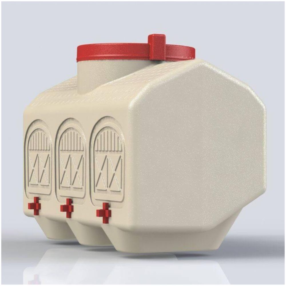 Beige and red chicken waterer with three-nipples, shown at an angle on a white background.
