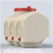 Beige and red chicken waterer with three-nipples, shown at an angle on a white background.