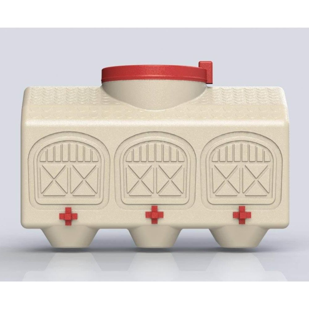 Front view of a three-nipple chicken waterer that is beige with red spouts and a red top.
