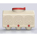 Front view of a three-nipple chicken waterer that is beige with red spouts and a red top.