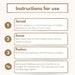 An instructional graphic titled 'Instructions for use' with four numbered steps: Spread, Scoop, Replace, and Tip, presented in brown text boxes on a light cream background.