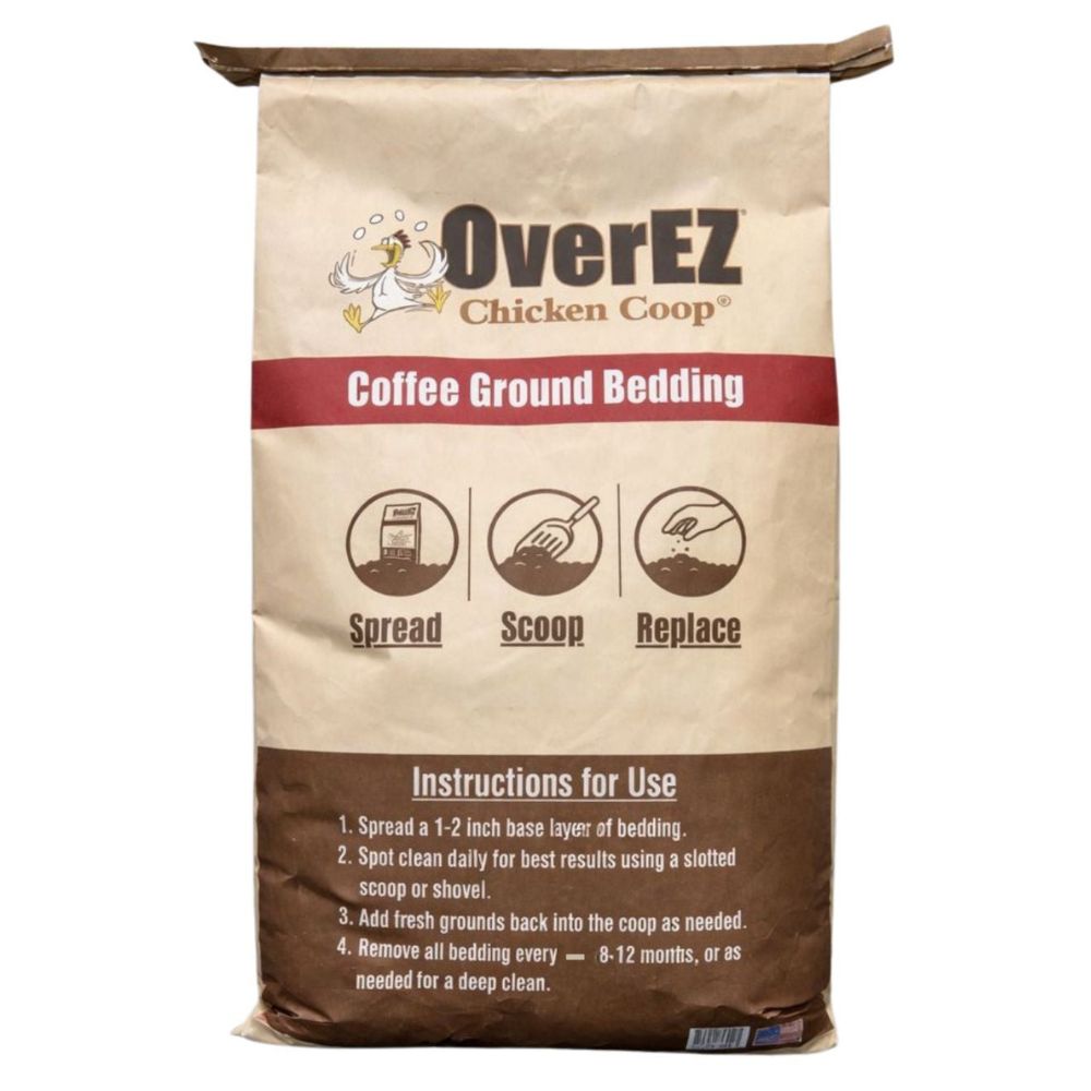 A bag of OverEZ Chicken Coop Coffee Ground Bedding on a plain white background. The packaging is brown and beige with a red banner and instructions printed on the back.