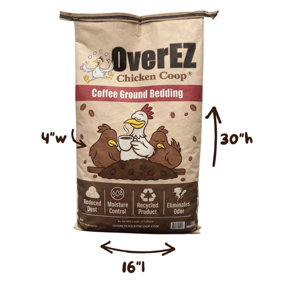 A bag of OverEZ Chicken Coop Coffee Ground Bedding shown on a white background with dimension arrows indicating 16" width, 4" depth, and 30" height.