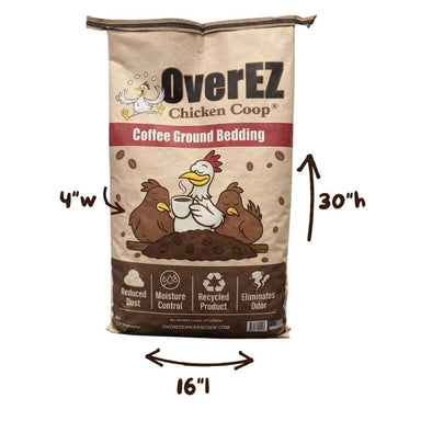 A bag of OverEZ Chicken Coop Coffee Ground Bedding shown on a white background with dimension arrows indicating 16" width, 4" depth, and 30" height.