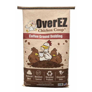 A bag of OverEZ Chicken Coop Coffee Ground Bedding on a plain white background. The packaging is beige and brown with cartoon chickens and coffee beans.