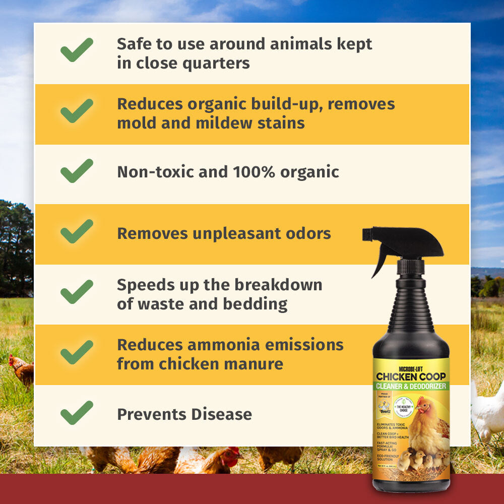 Checklist of benefits of the OverEZ chicken coop cleaner & deodorizer.