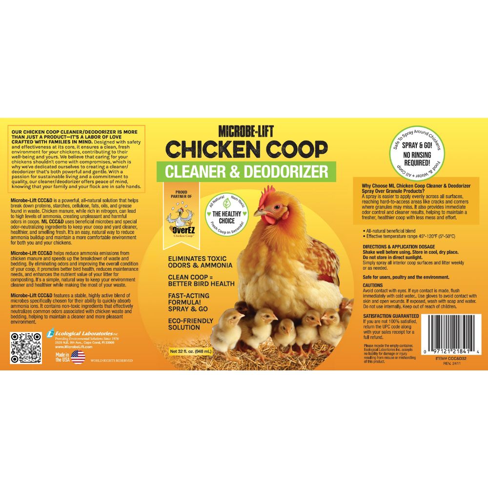 Front and back labels of Microbe-Lift Chicken Coop Cleaner and Deodorizer spray, featuring a yellow and orange design with a chicken and chicks illustration, product details, and a barcode.