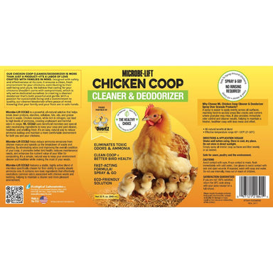 Front and back labels of Microbe-Lift Chicken Coop Cleaner and Deodorizer spray, featuring a yellow and orange design with a chicken and chicks illustration, product details, and a barcode.